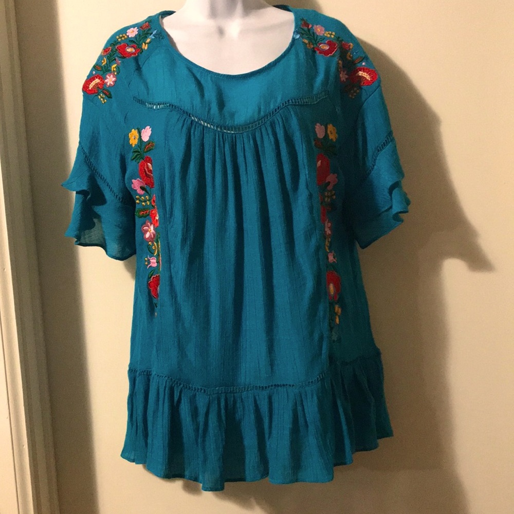 Umgee Teal Blouse with Floral Embroidery